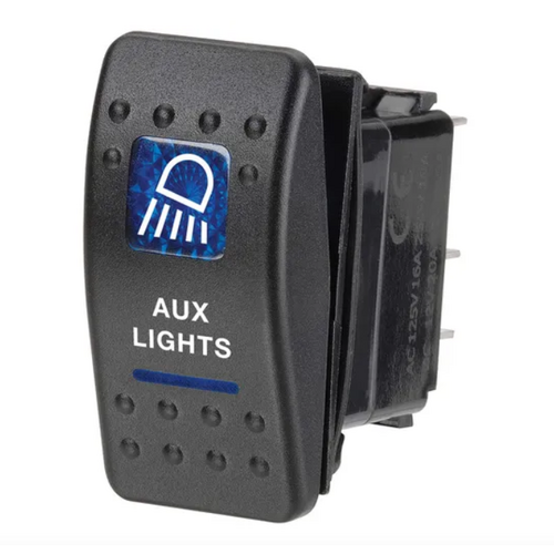 Narva 12 Volt Illuminated Off/On Sealed Rocker Switch with "Aux Lights" Symbol (Blue) 63144BL